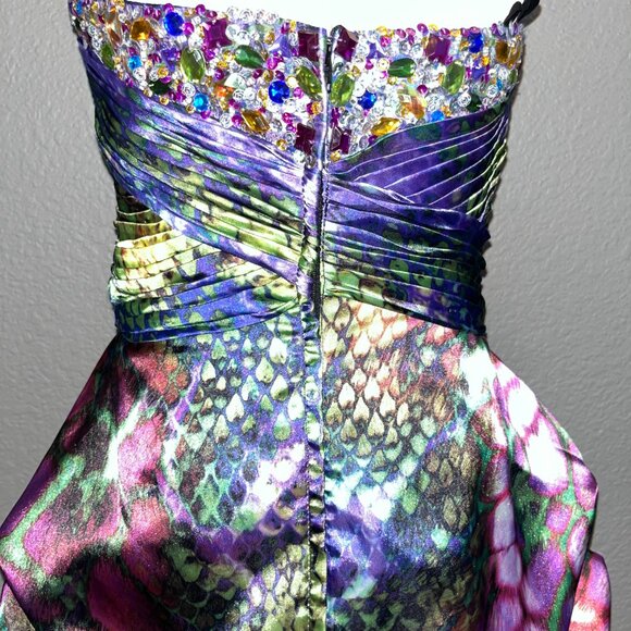 JOVANI HIGH LOW STRAPLESS EMBELLISHED COLORFUL GEM BODICE ANIMAL PRINT GOWN - 6 - Picture 9 of 16